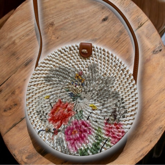 Handbags - Bali Bohemian Rattan Floral Print Handwoven Handmade Basket Crossbody Purse